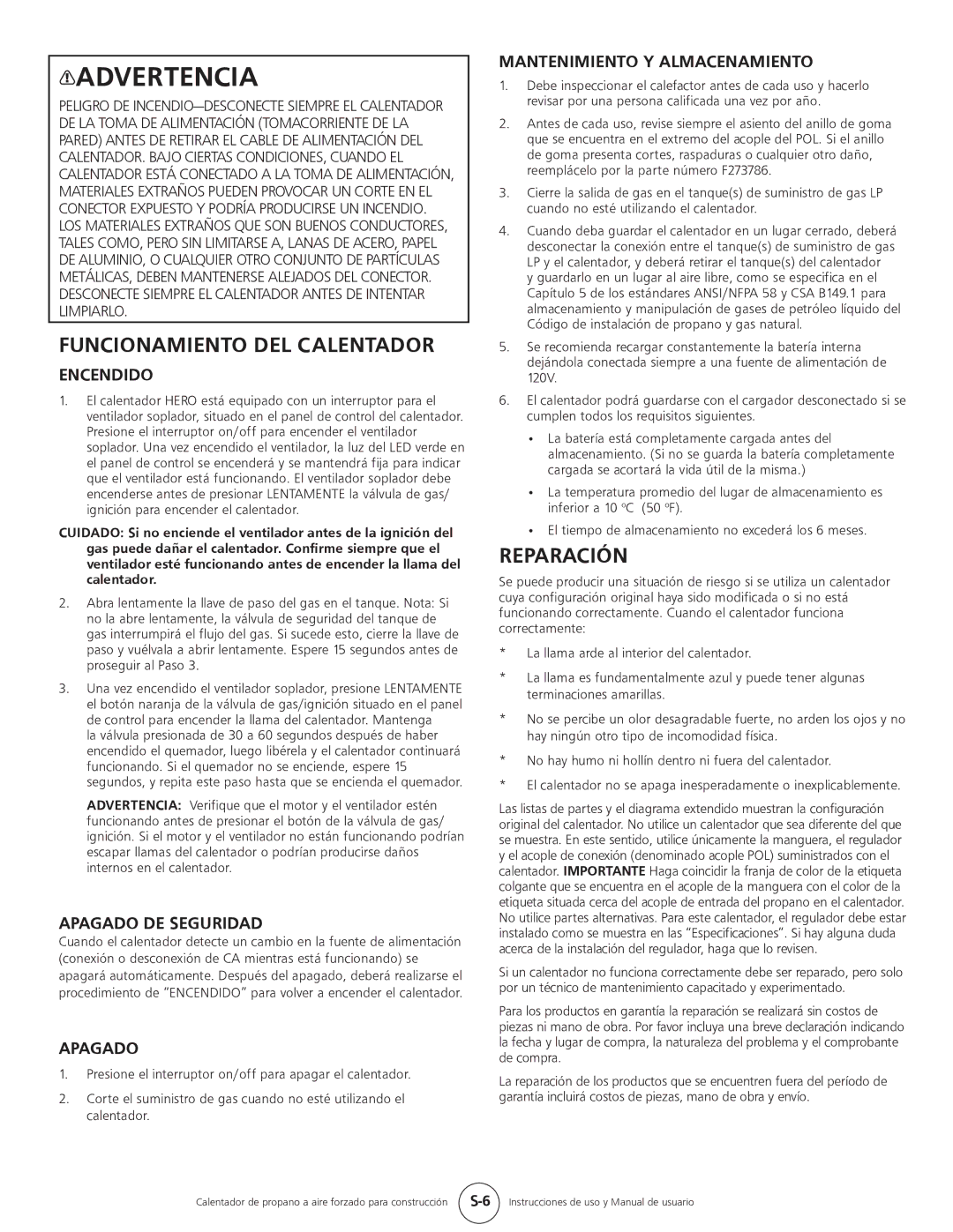 Mr. Heater MH35CLP, HS35CLP operating instructions Funcionamiento DEL Calentador, Reparación 