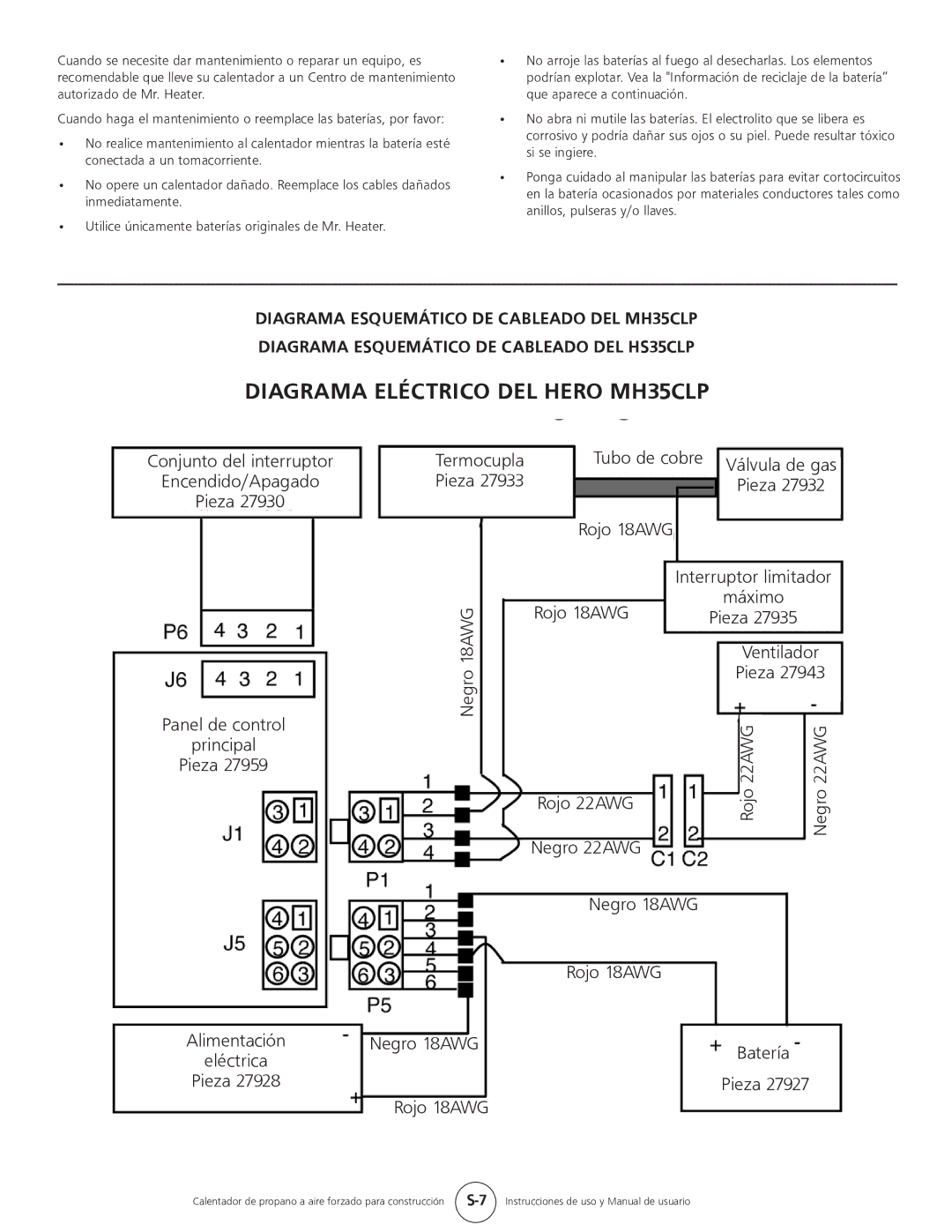 Mr. Heater HS35CLP operating instructions Diagrama Eléctrico DEL Hero MH35CLP, 22AWG 