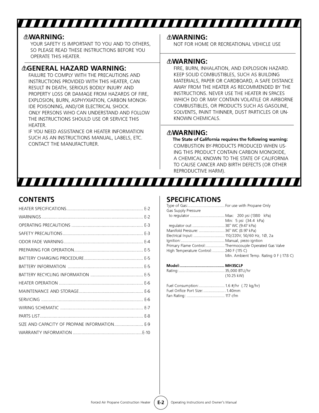 Mr. Heater HS35CLP, MH35CLP operating instructions General Hazard Warning, Contents, Specifications 