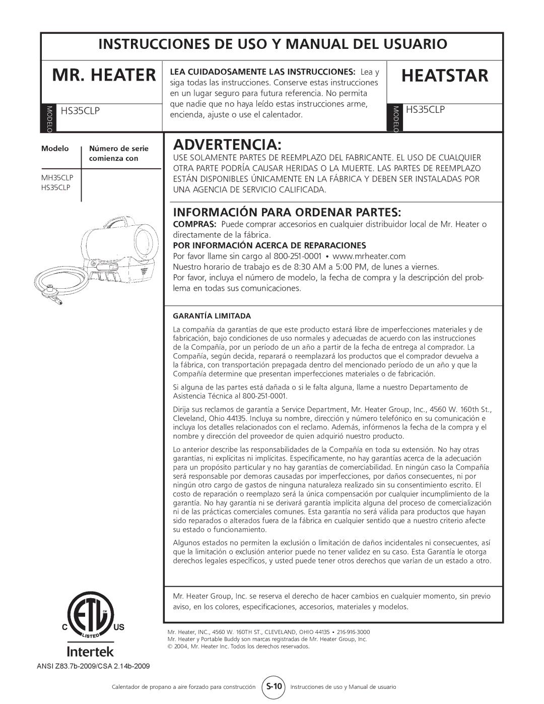 Mr. Heater MH35CLP, HS35CLP operating instructions Información Para Ordenar Partes, Garantía Limitada 