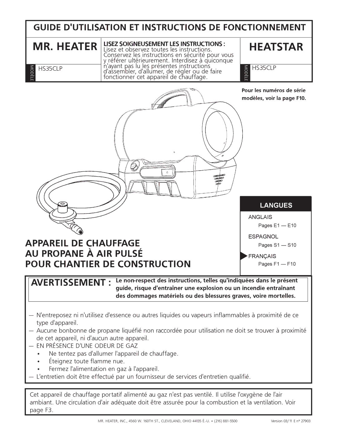 Mr. Heater MH35CLP, HS35CLP operating instructions EN Présence Dune Odeur DE GAZ 