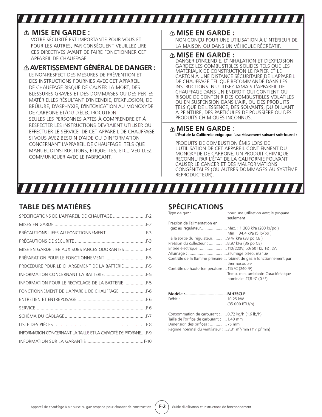 Mr. Heater HS35CLP, MH35CLP operating instructions Mise EN Garde, Table DES Matières, Spécifications 