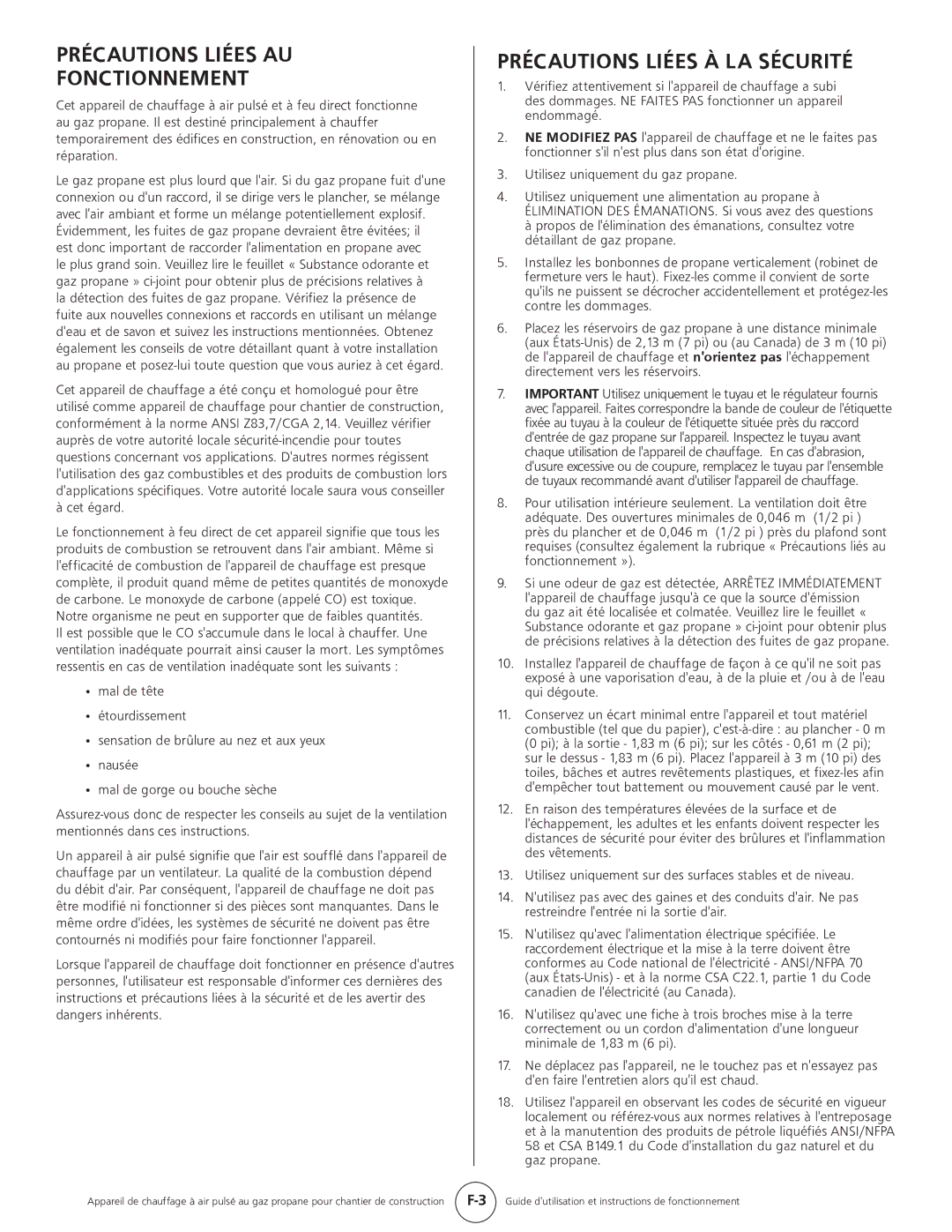 Mr. Heater MH35CLP, HS35CLP operating instructions Précautions Liées AU Fonctionnement, Précautions Liées À LA Sécurité 