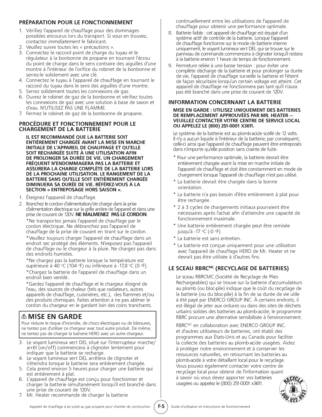 Mr. Heater MH35CLP, HS35CLP operating instructions Préparation Pour LE Fonctionnement, Information Concernant LA Batterie 