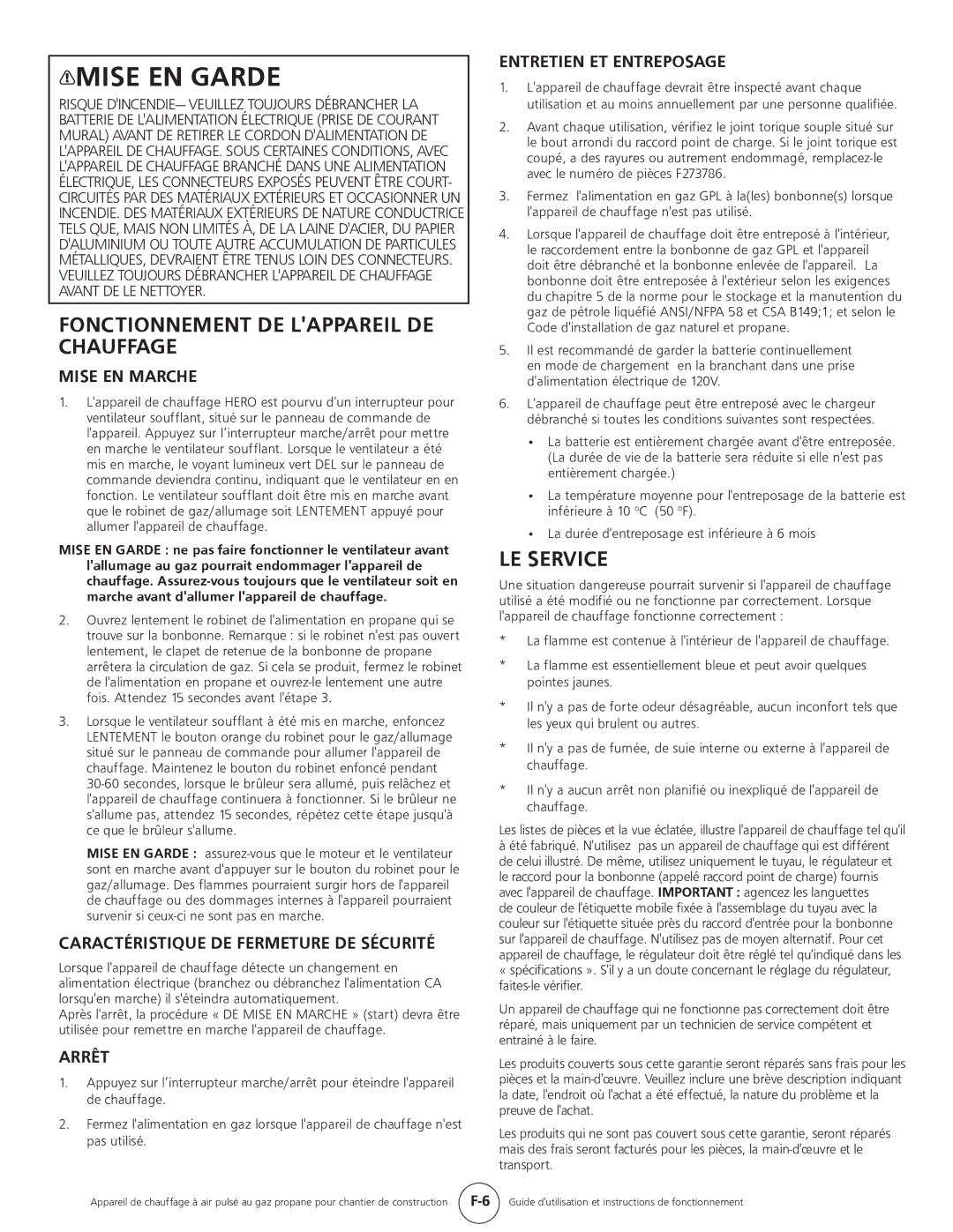 Mr. Heater HS35CLP, MH35CLP operating instructions Fonctionnement DE Lappareil DE Chauffage, LE Service 