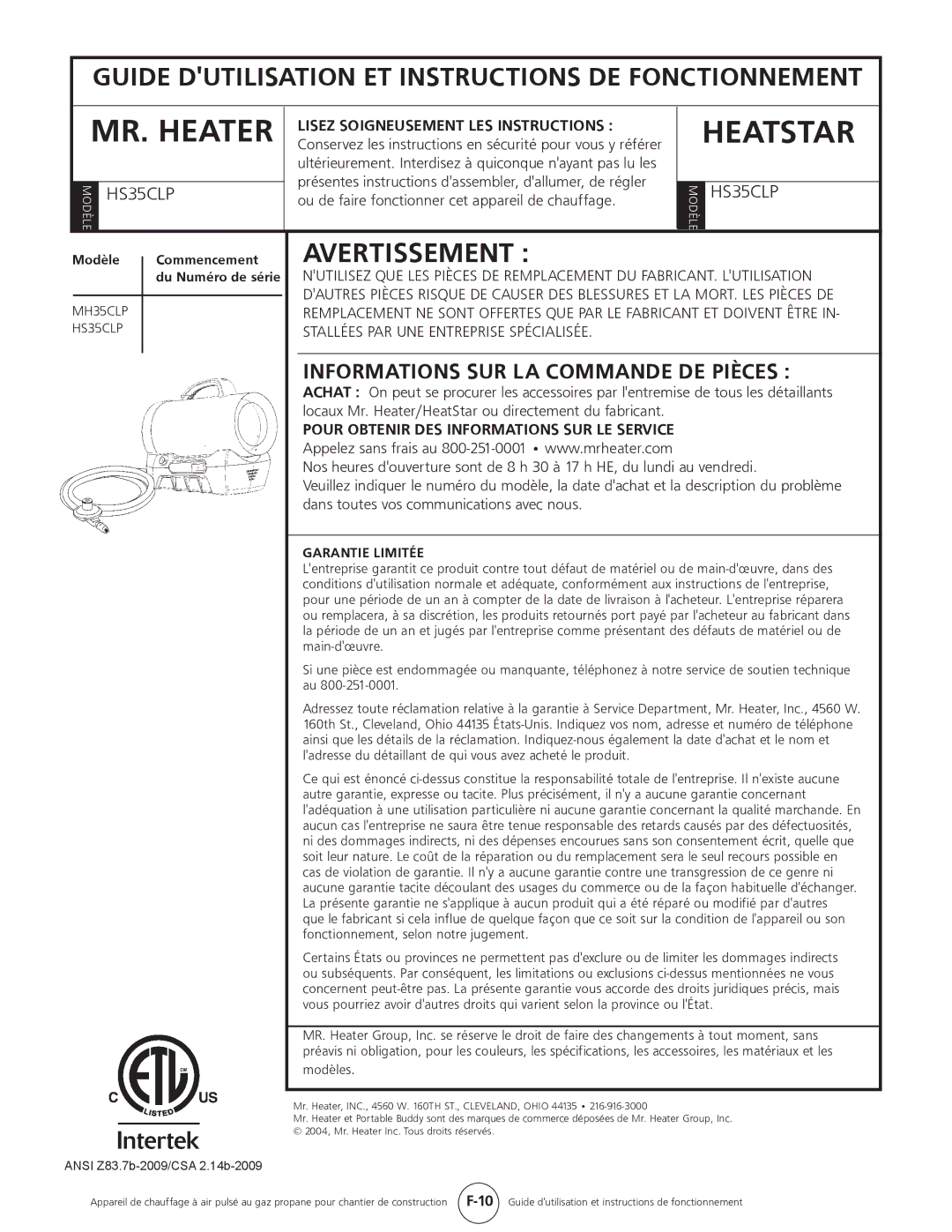 Mr. Heater HS35CLP, MH35CLP operating instructions Informations SUR LA Commande DE Pièces, Garantie Limitée 