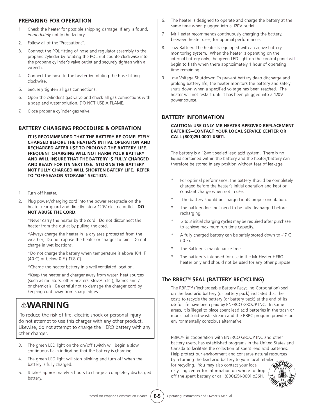 Mr. Heater MH35CLP, HS35CLP Preparing for Operation, Battery Charging Procedure & Operation, Battery Information 