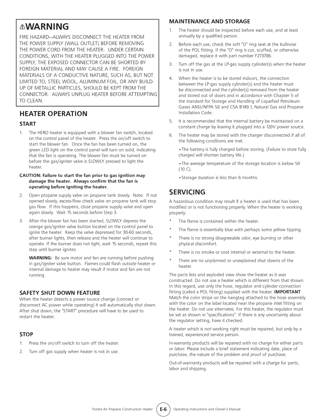 Mr. Heater HS35CLP, MH35CLP operating instructions Heater Operation, Servicing 