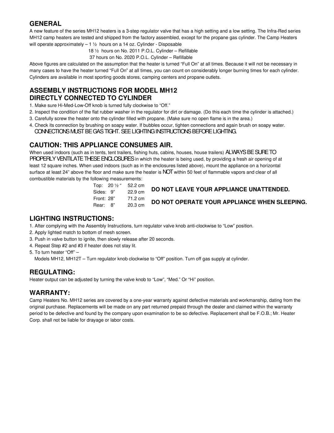 Mr. Heater MH12 manual General, Lighting Instructions, Regulating, Warranty 