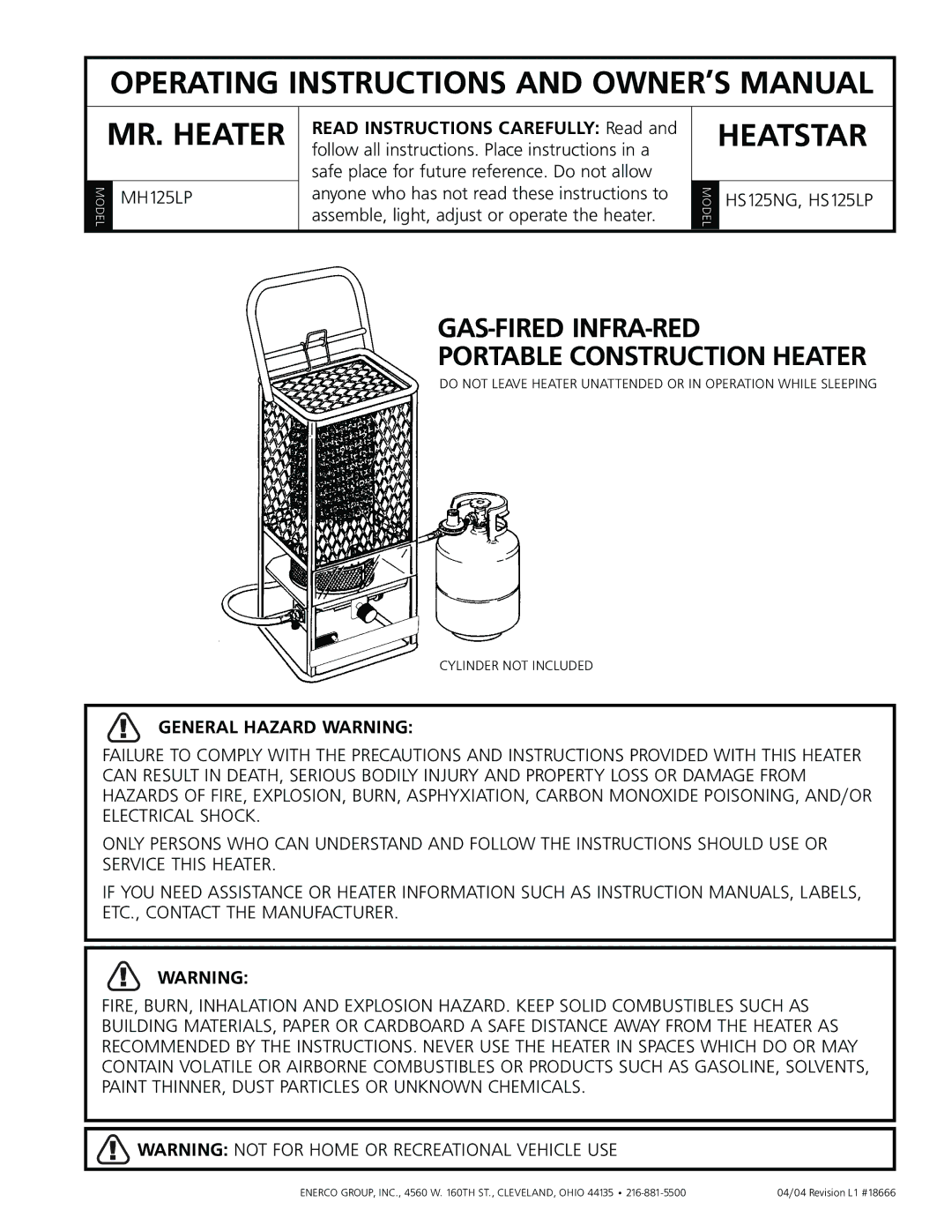 Mr. Heater HS125NG, MH125LP, HS125LP operating instructions MR. Heater 