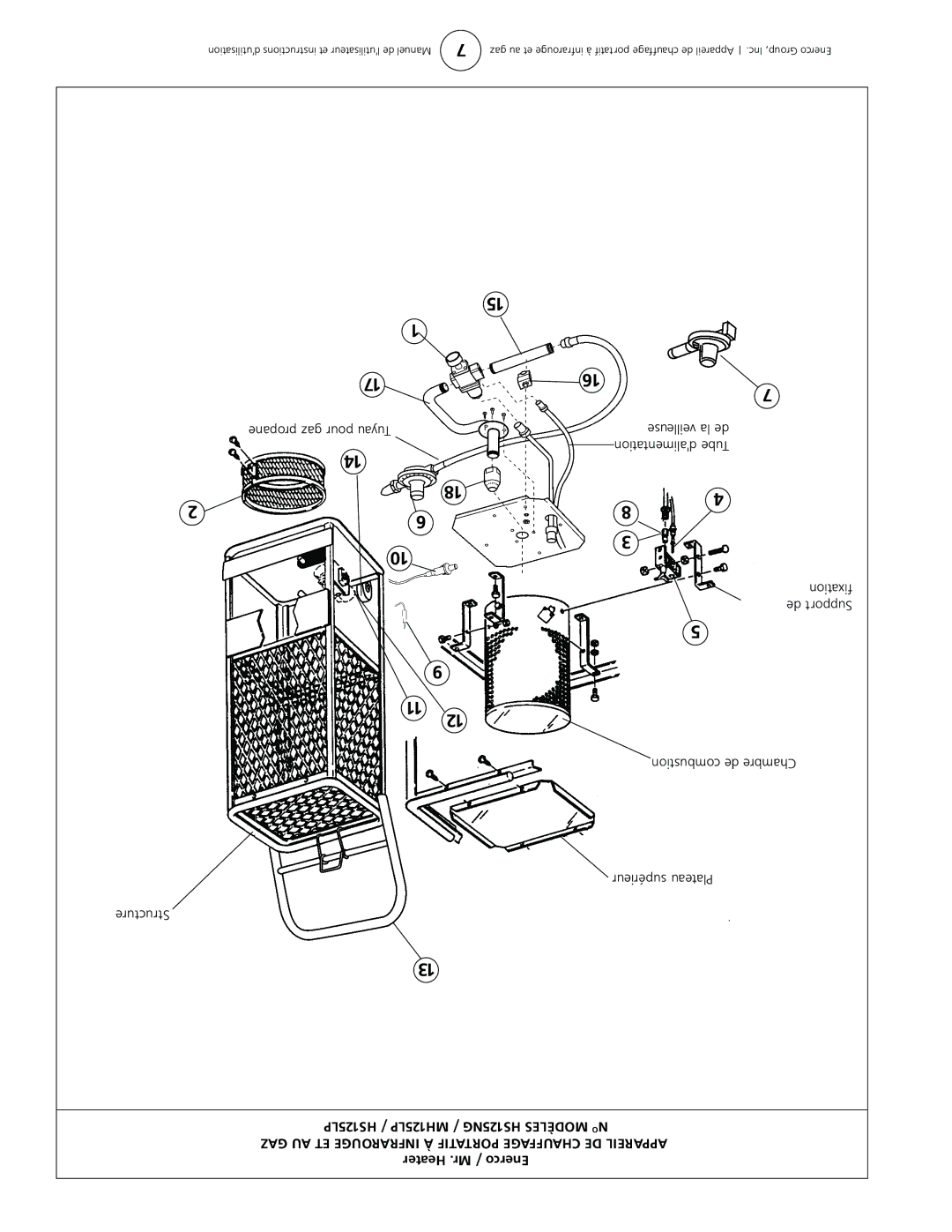 Mr. Heater HS125NG, MH125LP, HS125LP Structure, Fixation de Support Combustion de Chambre Supérieur Plateau 