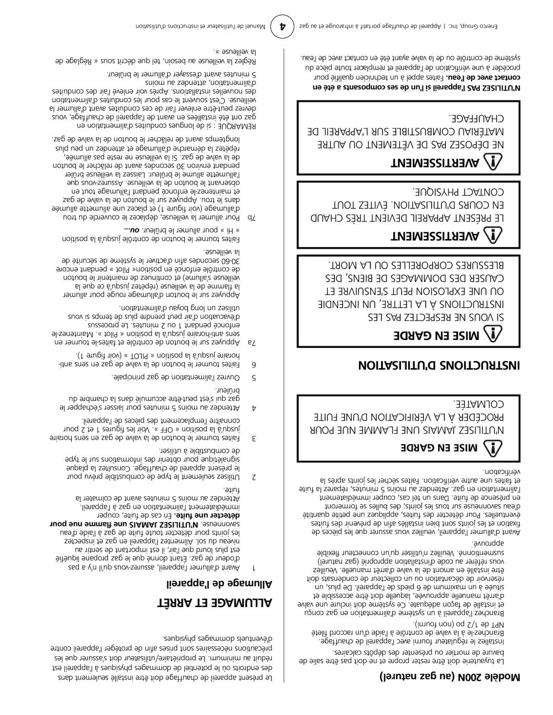 Mr. Heater HS125NG, MH125LP, HS125LP operating instructions Avertissement, Garde EN Mise Dutilisation Instructions 