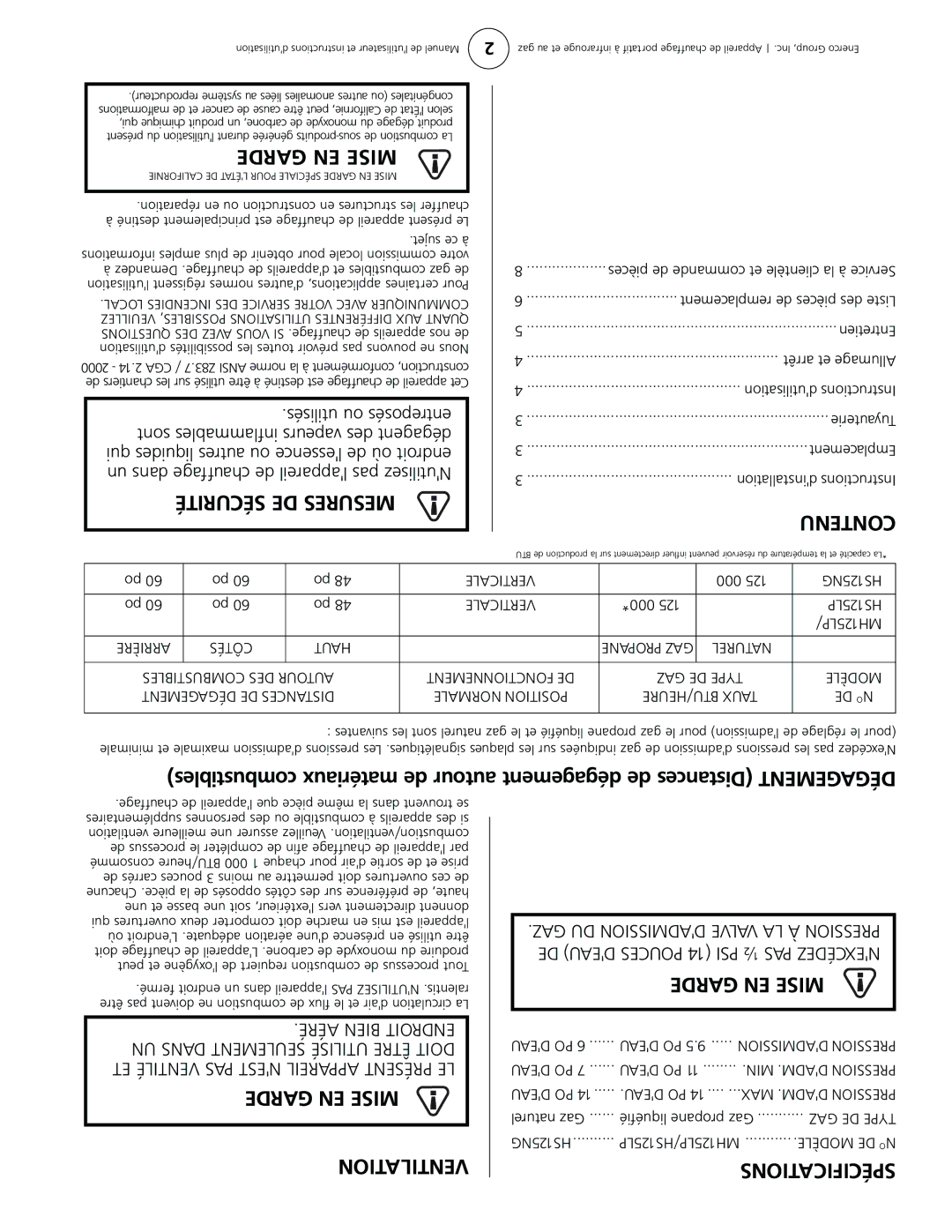 Mr. Heater MH125LP, HS125NG, HS125LP operating instructions Garde EN Mise Ventilation 