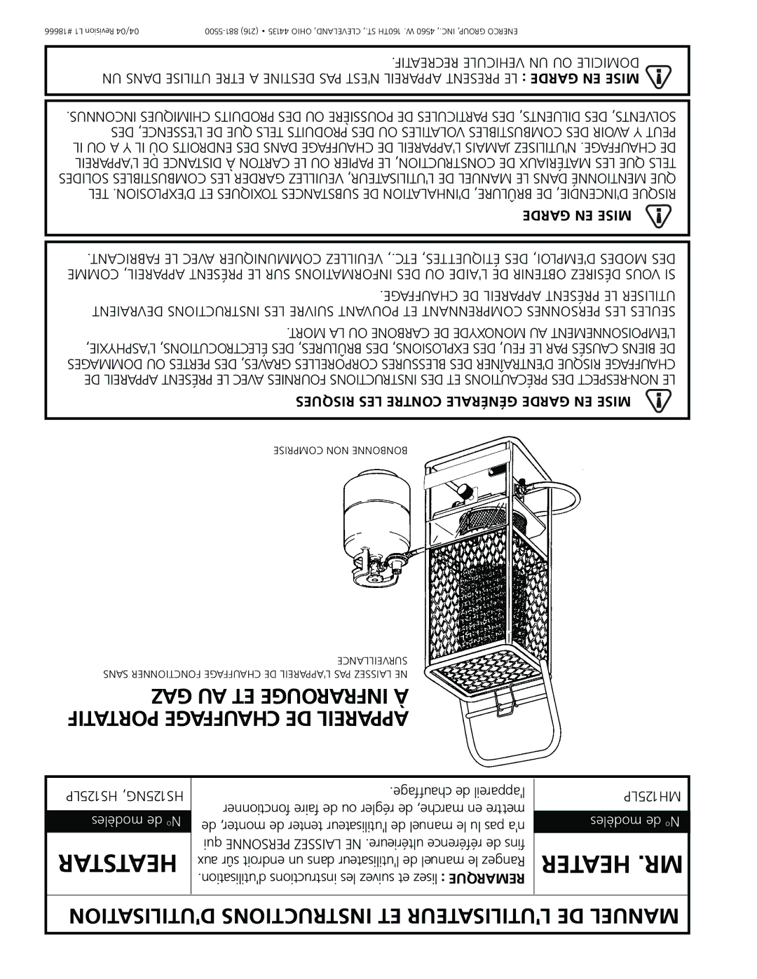 Mr. Heater HS125NG, MH125LP, HS125LP operating instructions GAZ AU ET Infrarouge À Portatif Chauffage DE Appareil 