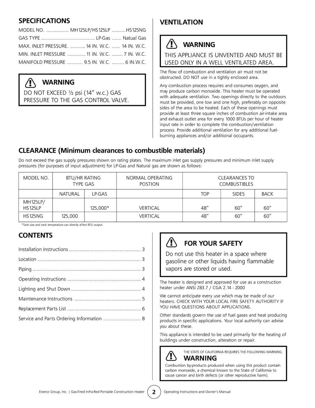 Mr. Heater HS125LP, MH125LP, HS125NG operating instructions Specifications, Ventilation, Contents, For Your Safety 