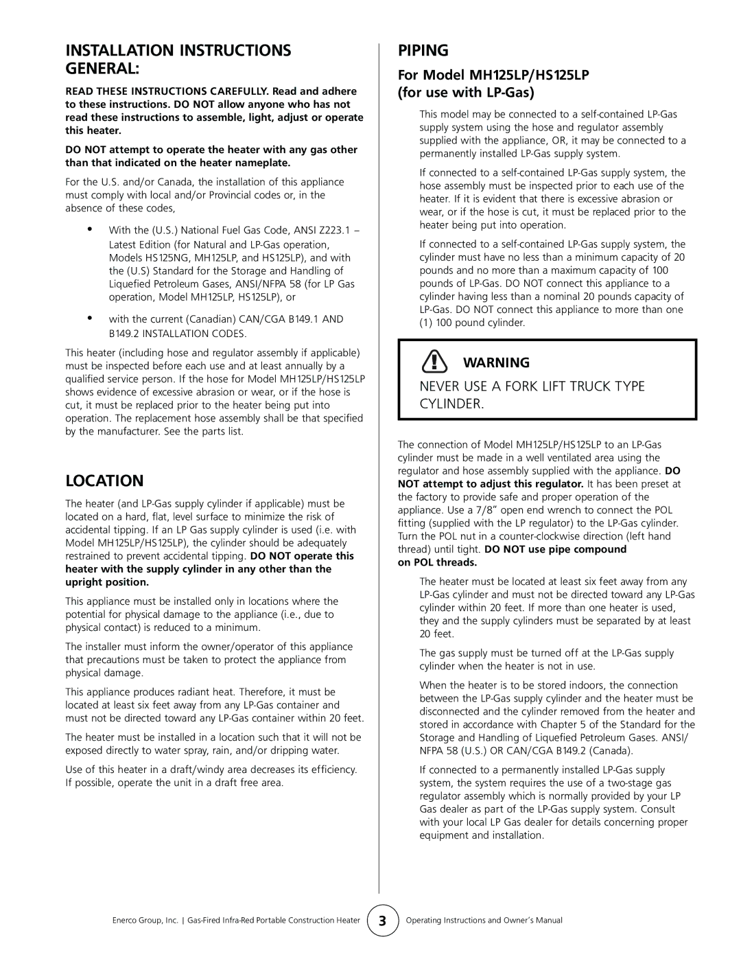 Mr. Heater MH125LP, HS125NG, HS125LP Installation Instructions General, Location, Piping, Pound cylinder 