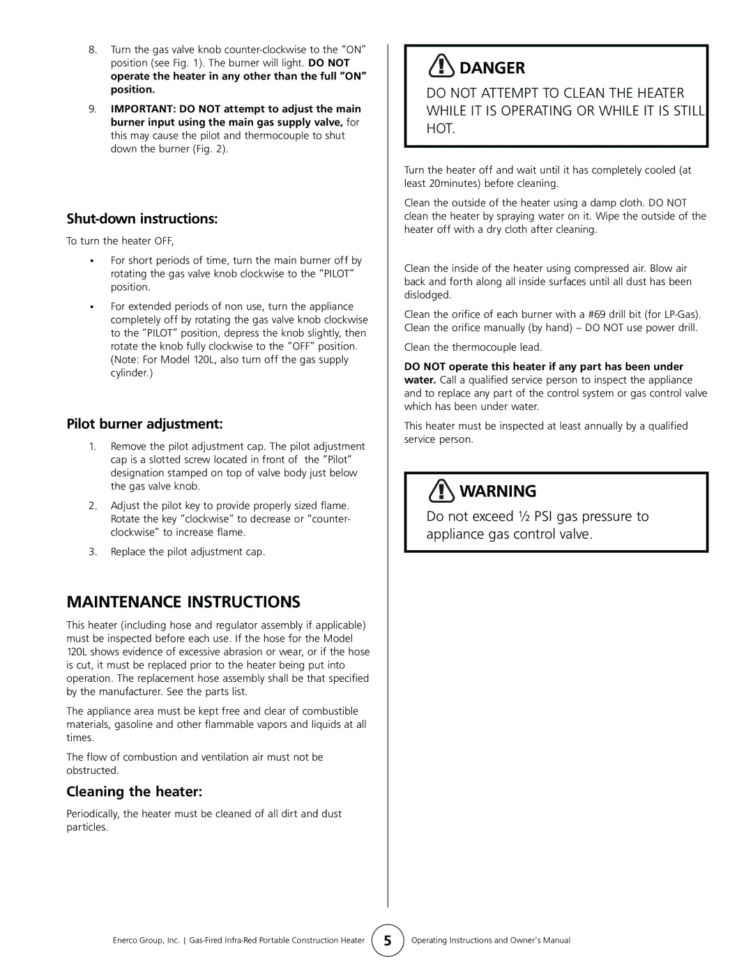 Mr. Heater HS125LP, MH125LP, HS125NG operating instructions Maintenance Instructions, Clean the thermocouple lead 