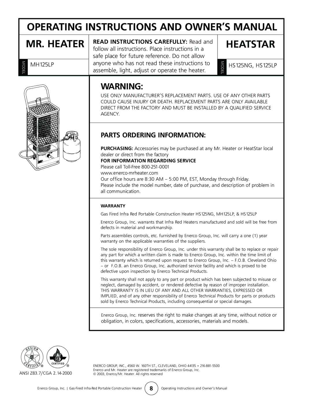 Mr. Heater HS125LP, MH125LP, HS125NG operating instructions Parts Ordering Information, Ansi Z83.7/CGA 