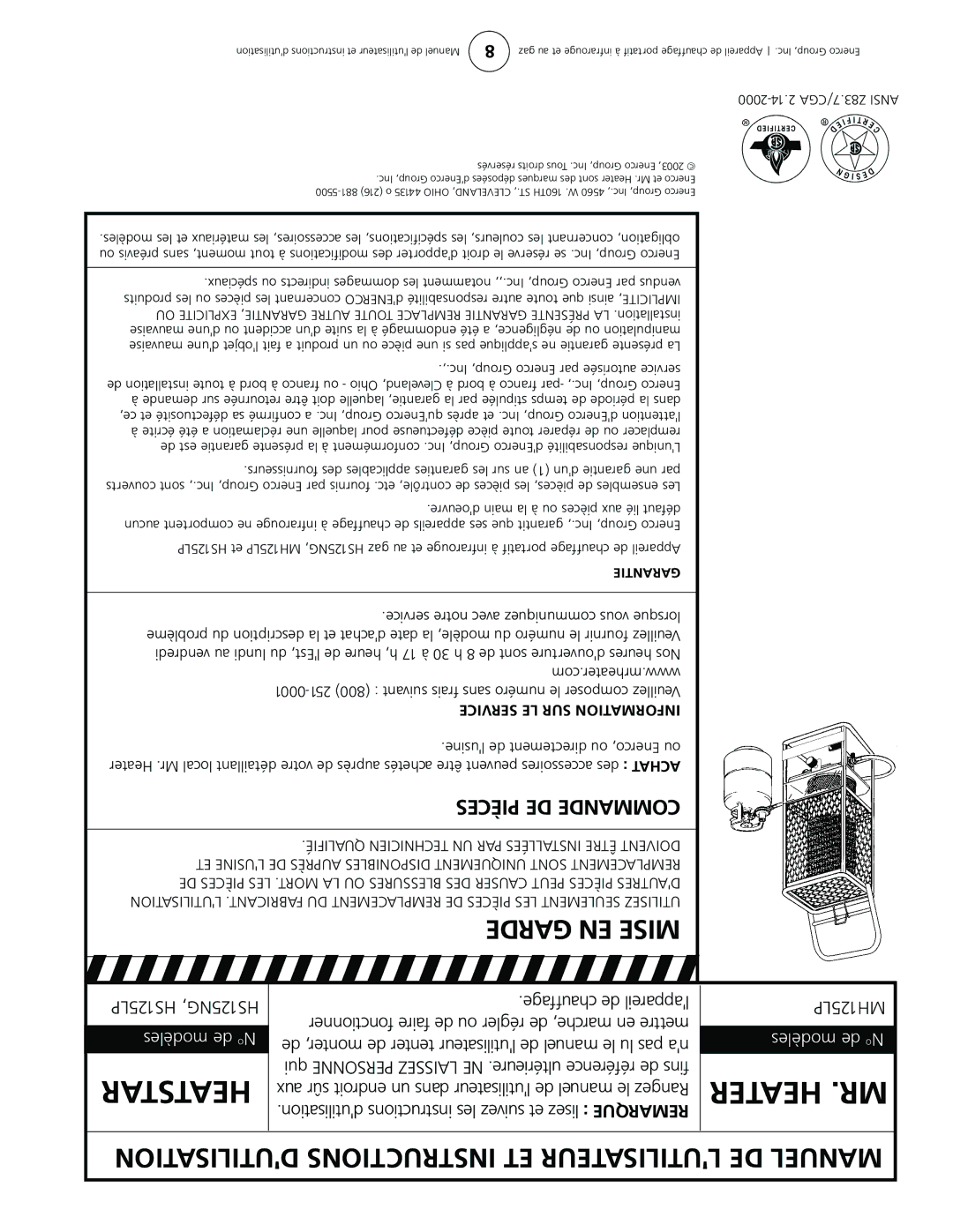 Mr. Heater MH125LP, HS125NG, HS125LP operating instructions Pièces DE Commande, Inc Group, Enerco par autorisée service 