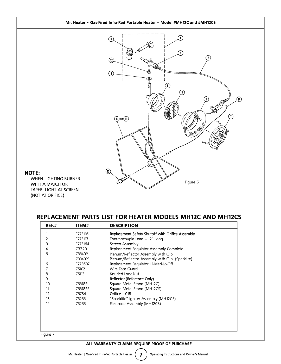 Mr. Heater MH12CS owner manual WHEN LIGHTING BURNER WITH A MATCH ORFigure, Ref.#, Item#, Description 