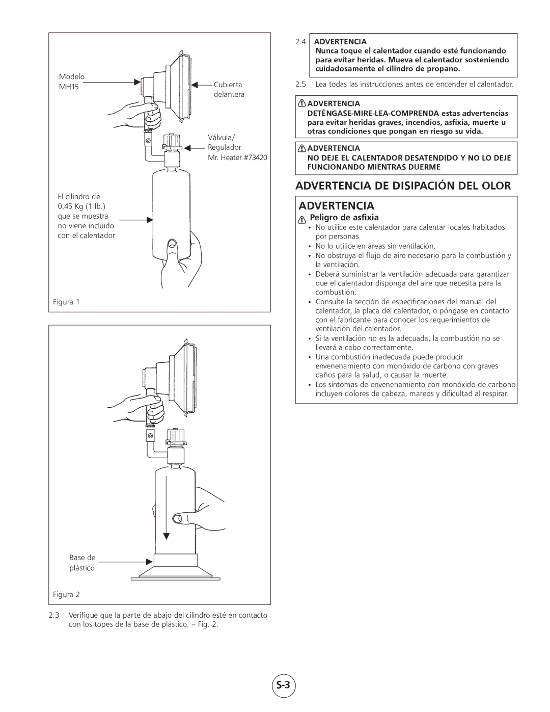 Mr. Heater MH15 operating instructions Advertencia DE Disipación DEL Olor 