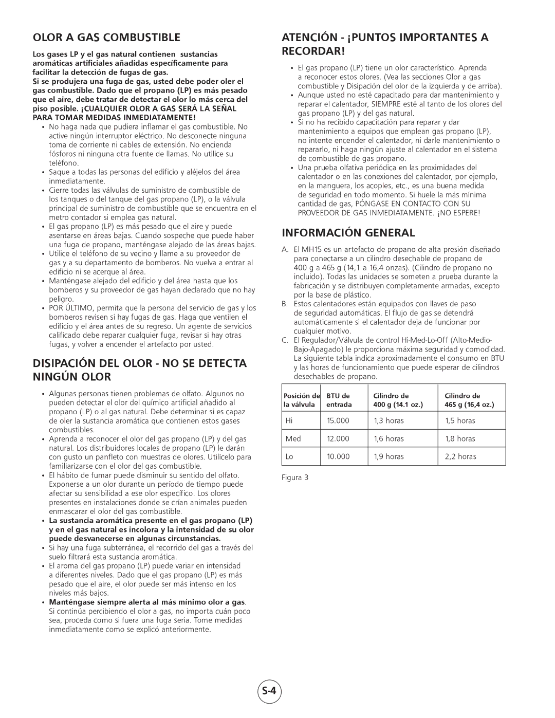 Mr. Heater MH15 Olor a GAS Combustible, Disipación DEL Olor no SE Detecta Ningún Olor, Información General 