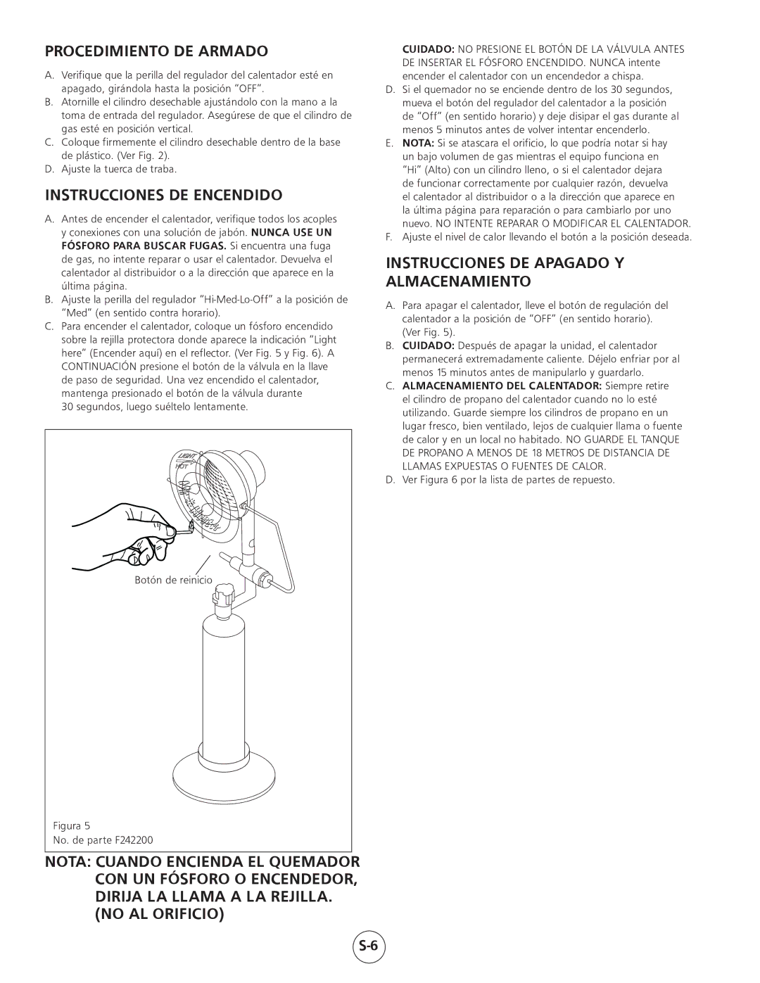 Mr. Heater MH15 operating instructions Procedimiento DE Armado, Instrucciones DE Encendido, No AL Orificio 