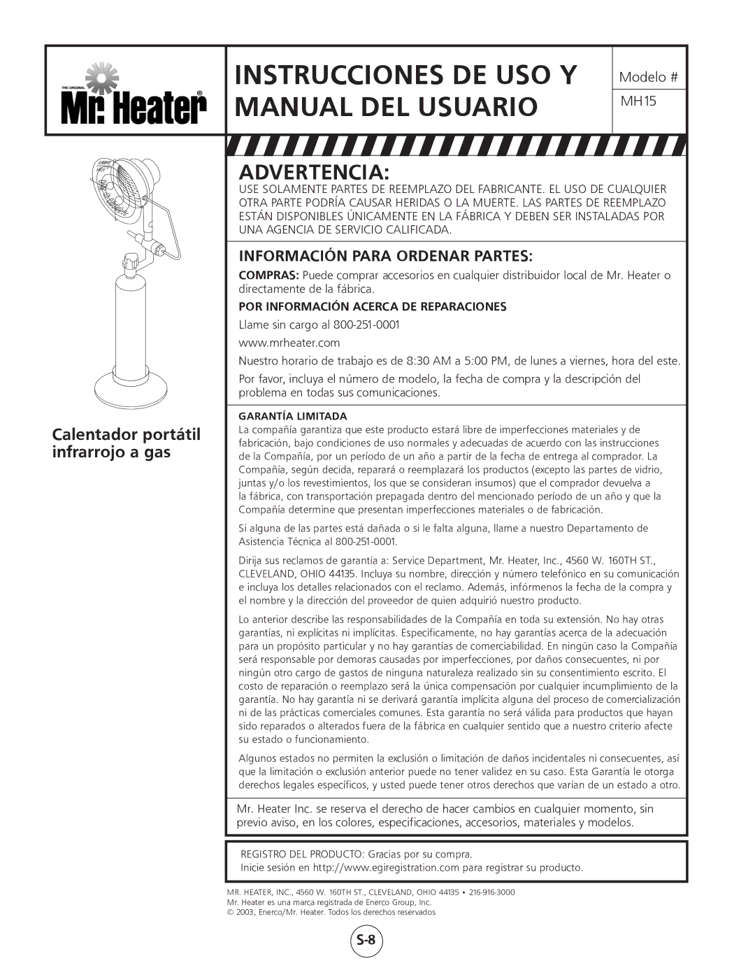 Mr. Heater MH15 operating instructions Información Para Ordenar Partes, POR Información Acerca DE Reparaciones 