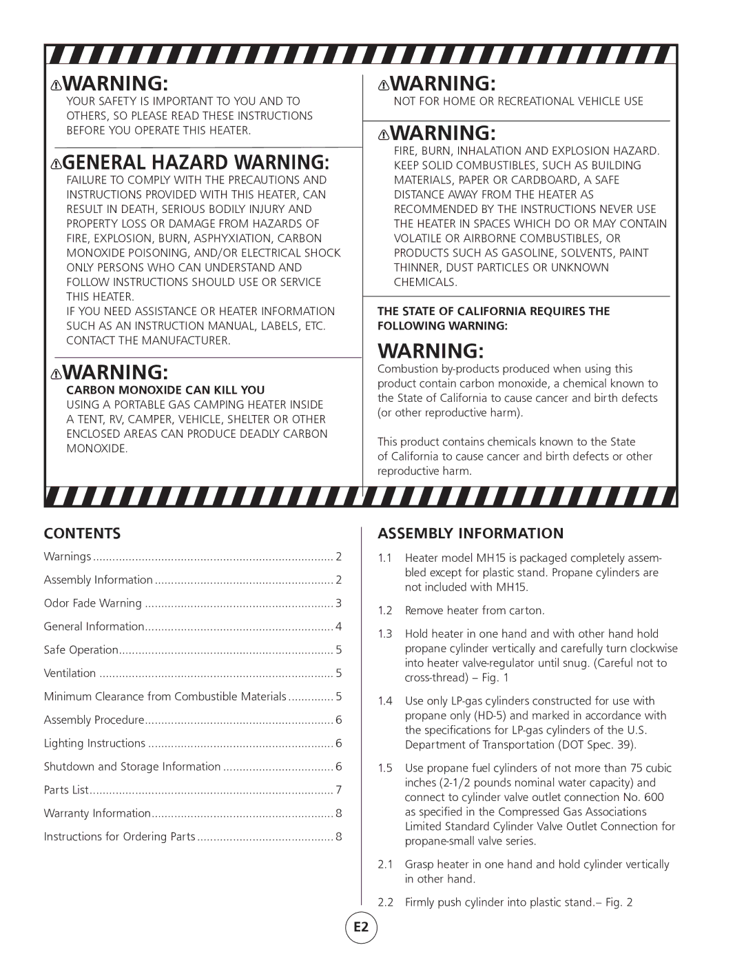 Mr. Heater MH15 operating instructions Contents, Assembly Information 