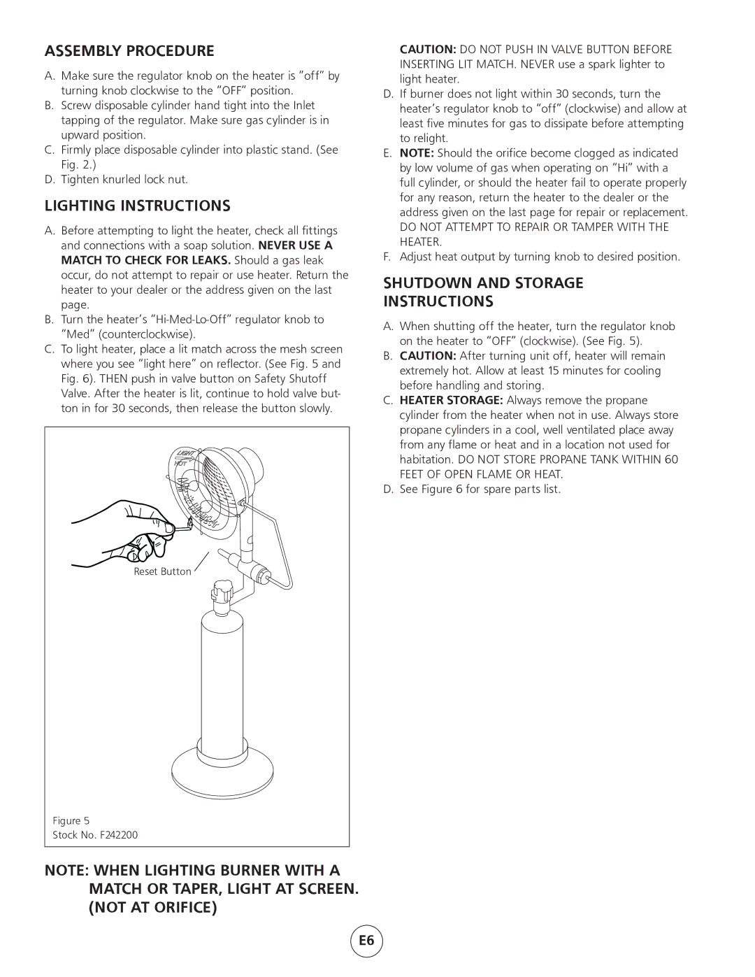 Mr. Heater MH15 operating instructions Assembly Procedure, Lighting Instructions, Shutdown and Storage Instructions 