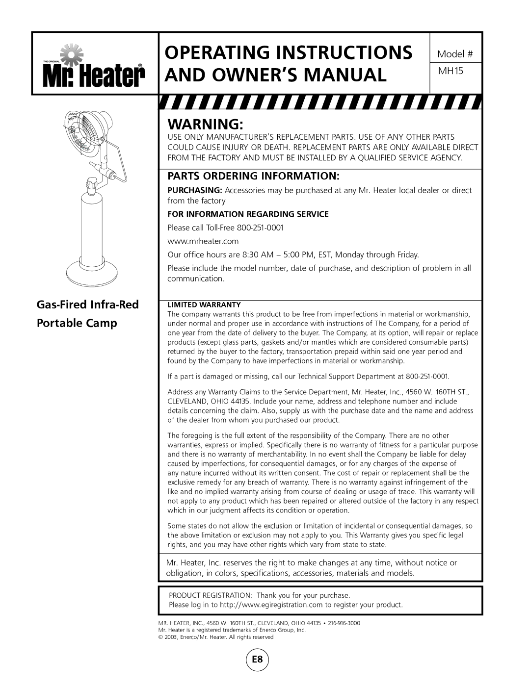 Mr. Heater MH15 operating instructions Parts Ordering Information, For Information Regarding Service 