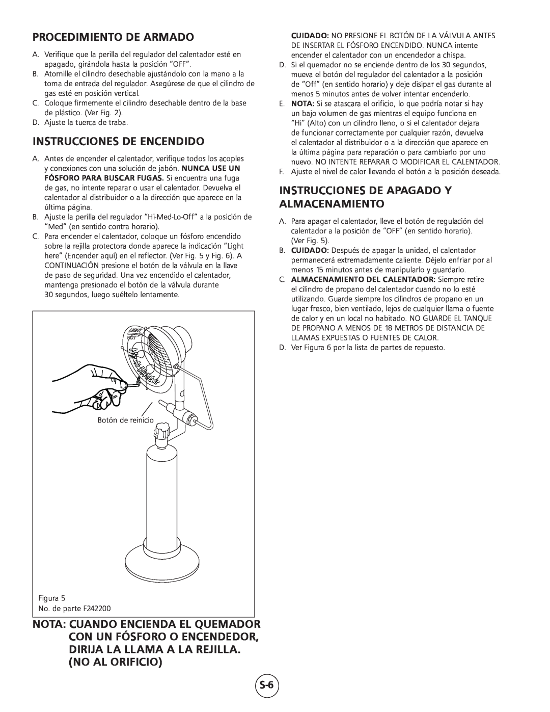 Mr. Heater MH15 operating instructions Procedimiento De Armado, Instrucciones De Encendido, No Al Orificio 