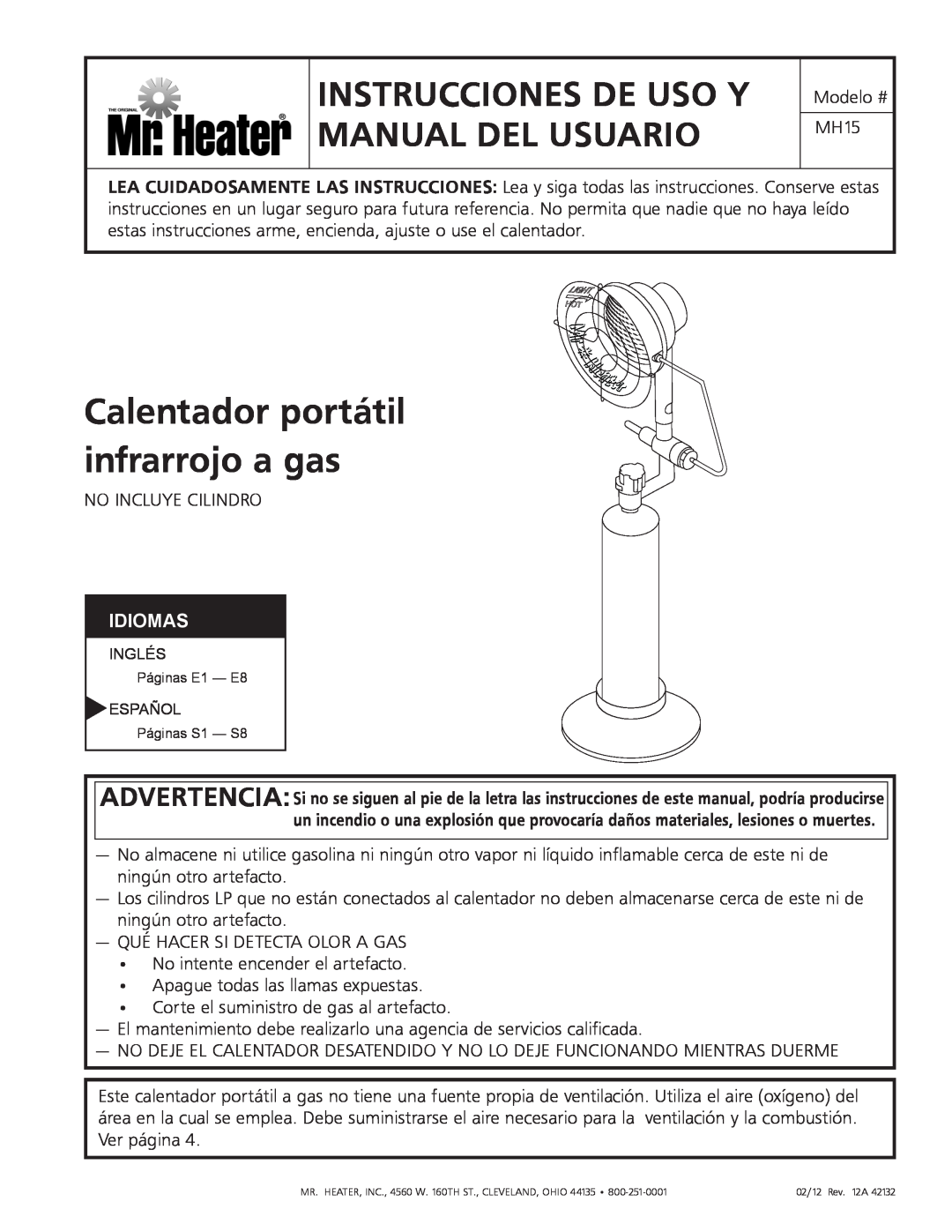 Mr. Heater MH15 Calentador portátil infrarrojo a gas, Instrucciones De Uso Y Manual Del Usuario, Idiomas 
