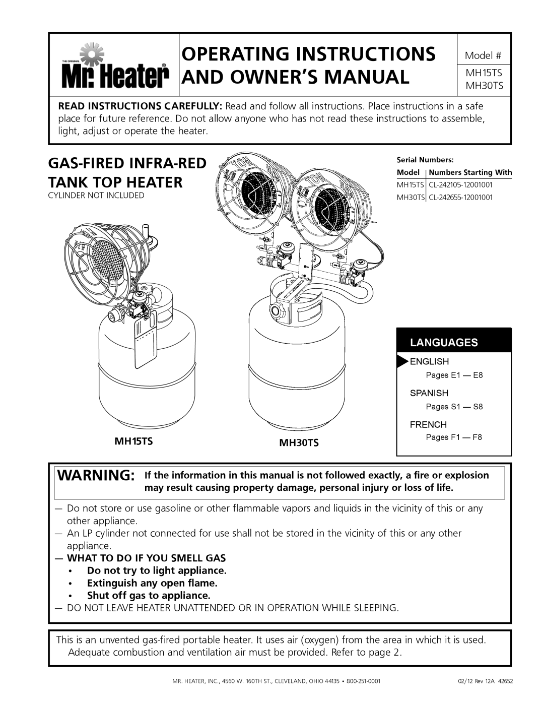 Mr. Heater MH15tS operating instructions Pages E1 E8, Pages S1 S8, Pages F1 F8 