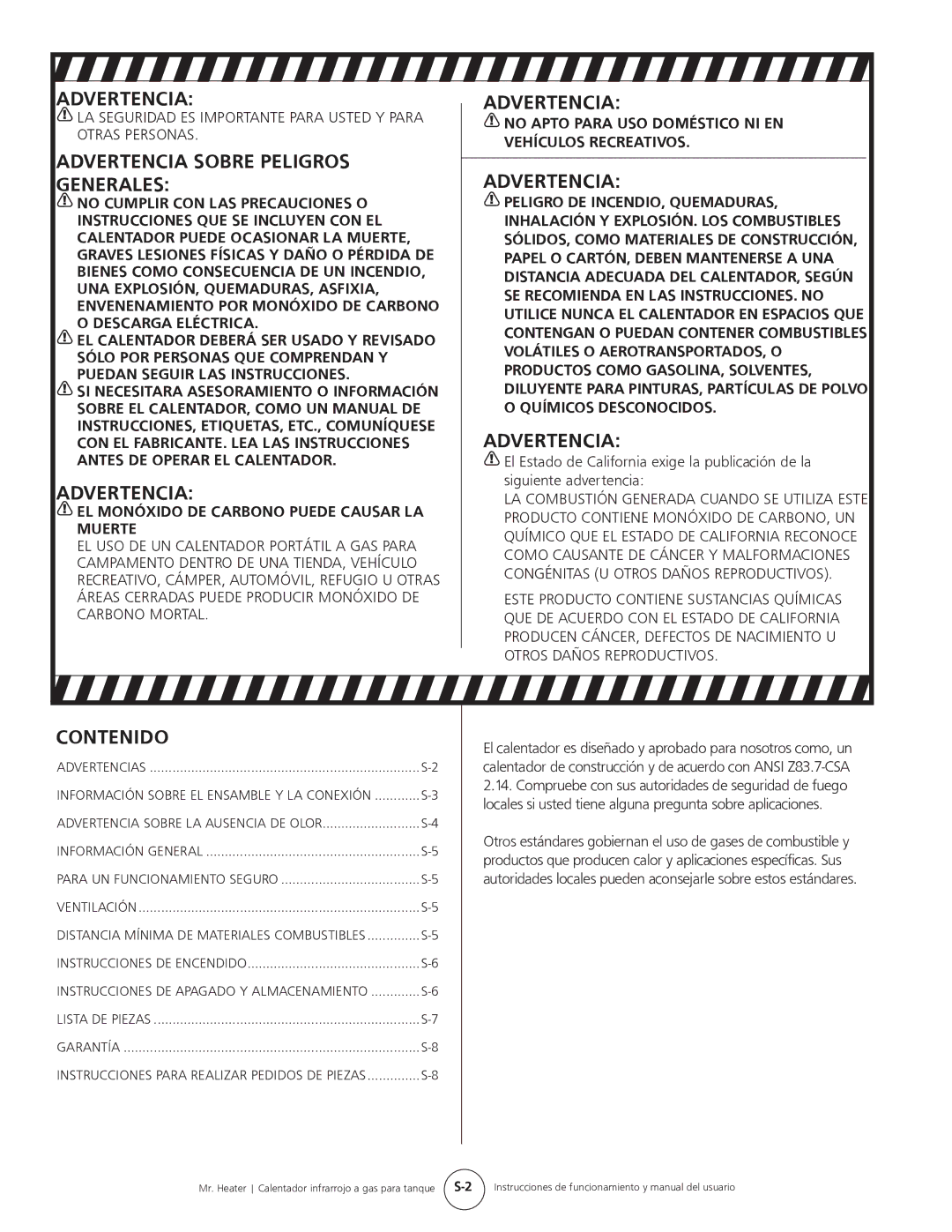 Mr. Heater MH15tS Advertencia Sobre Peligros Generales, Contenido, EL Monóxido DE Carbono Puede Causar LA Muerte 
