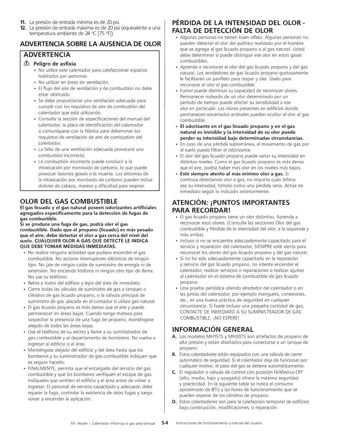 Mr. Heater MH15tS Advertencia Sobre LA Ausencia DE Olor Advertencia, Olor DEL GAS Combustible, Información General 