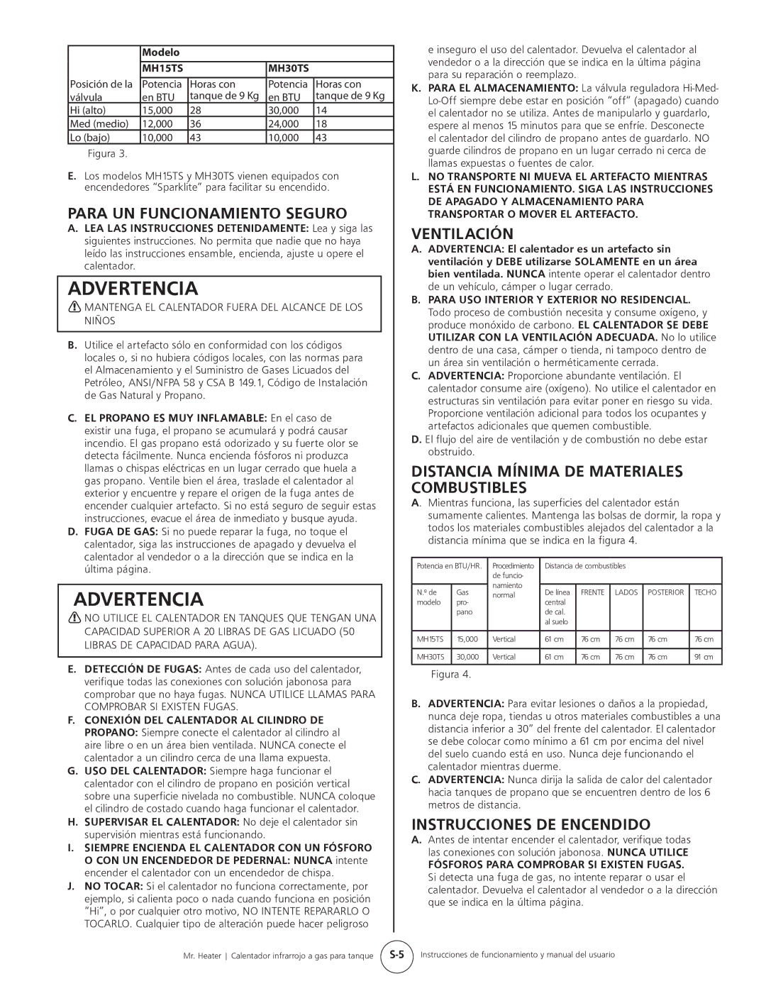 Mr. Heater MH15tS Para UN Funcionamiento Seguro, Ventilación, Distancia Mínima DE Materiales Combustibles 