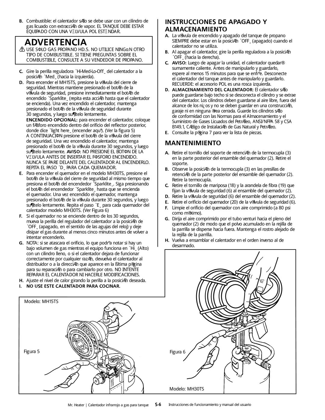 Mr. Heater MH15tS Instrucciones DE Apagado Y Almacenamiento, Segundos, y luego suéltelo lentamente, Modelo MH15TS 