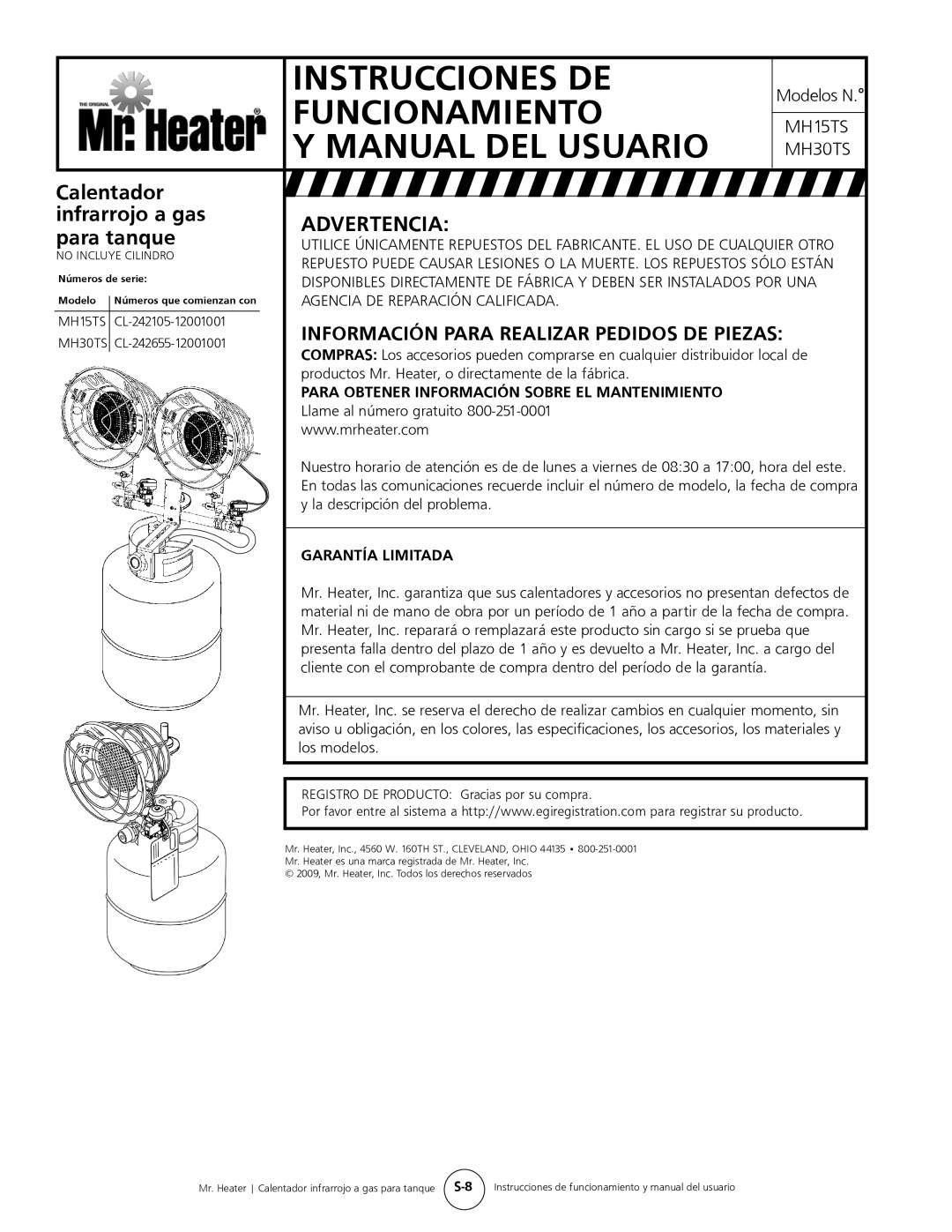 Mr. Heater MH15tS Información Para Realizar Pedidos DE Piezas, Para Obtener Información Sobre EL Mantenimiento 