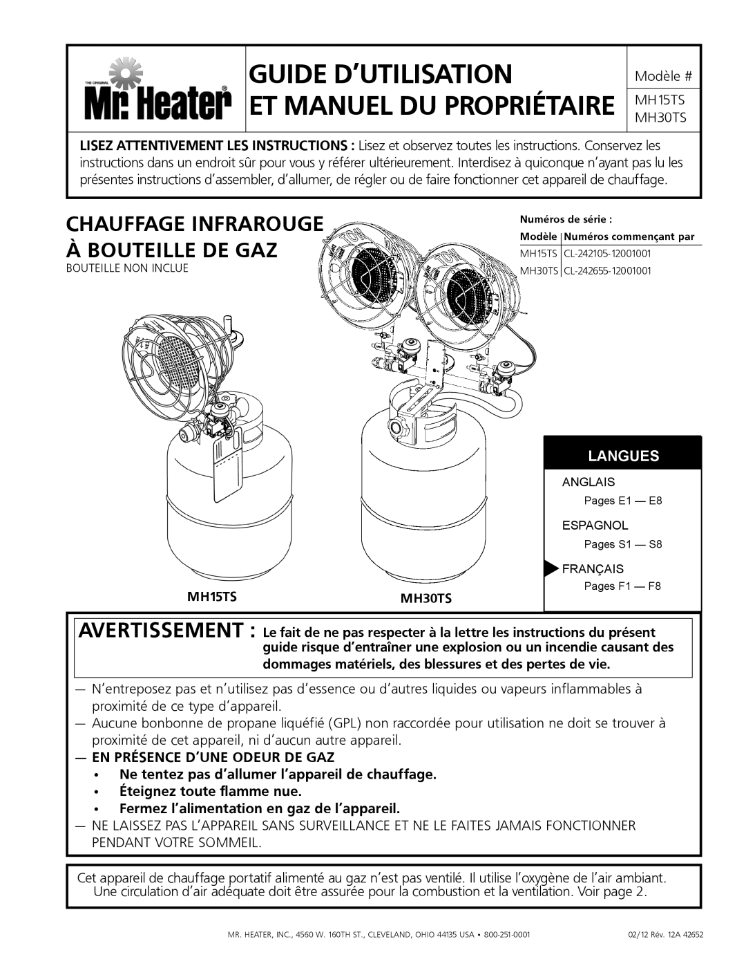 Mr. Heater MH15tS operating instructions Guide d’utilisation Et manuel du propriétaire, Bouteille non inclue 