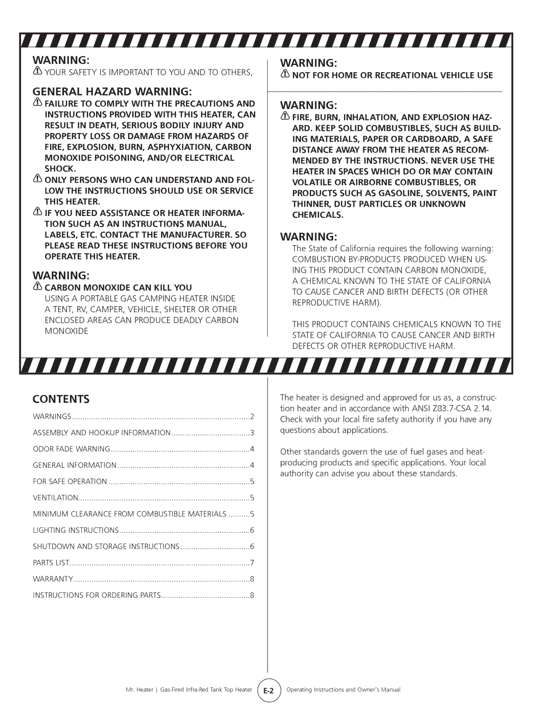 Mr. Heater MH15tS operating instructions General Hazard Warning, Contents 