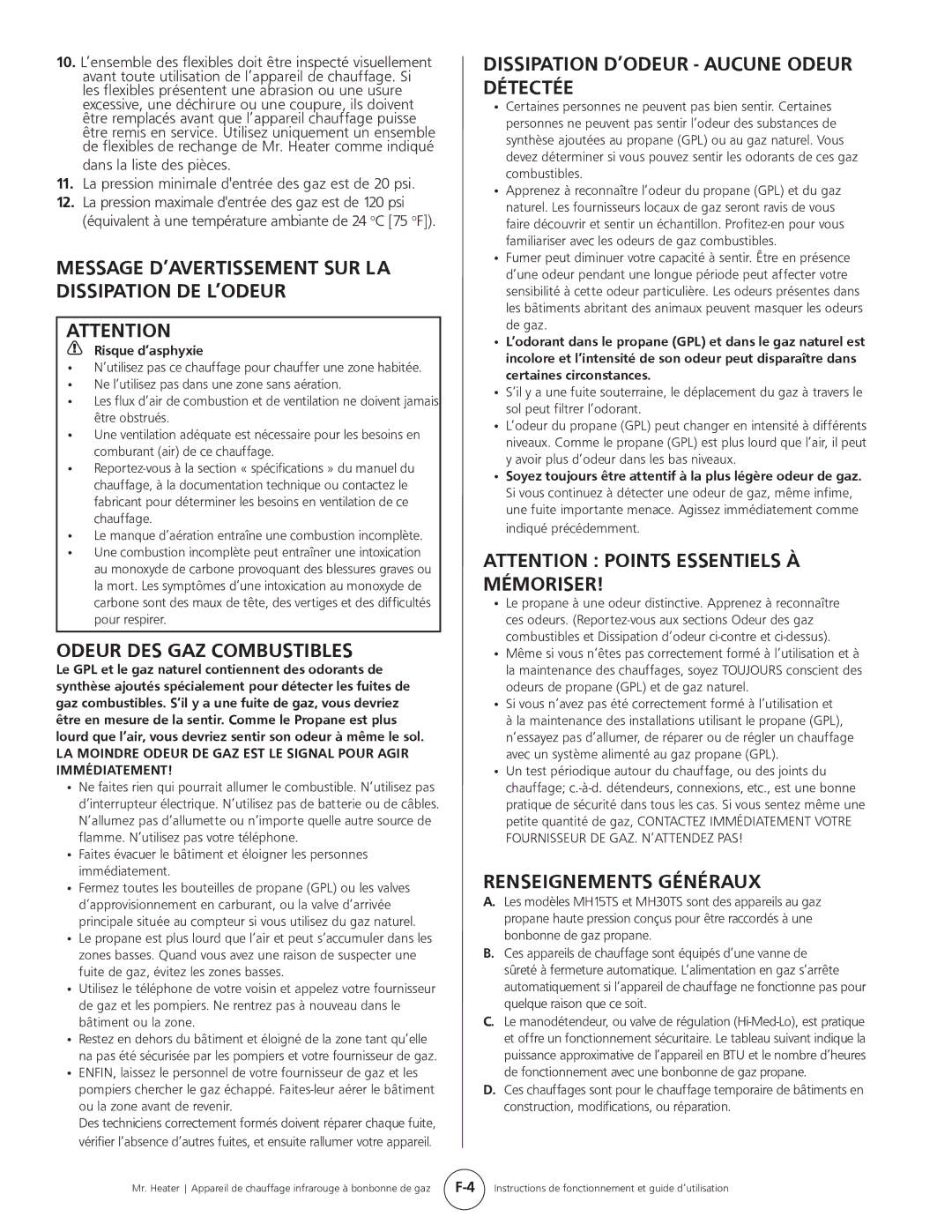 Mr. Heater MH15tS operating instructions Message D’AVERTISSEMENT SUR LA Dissipation DE L’ODEUR, Odeur DES GAZ Combustibles 