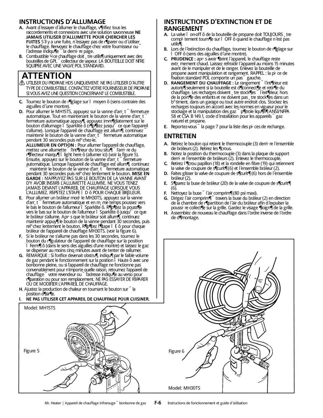 Mr. Heater MH15tS operating instructions Instructions D’ALLUMAGE, Instructions D’EXTINCTION ET DE Rangement 