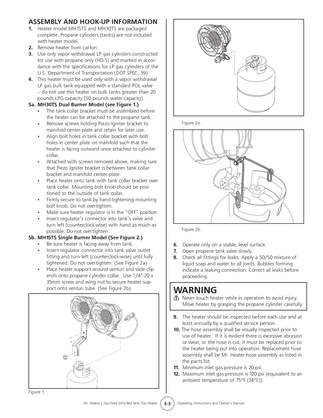 Mr. Heater MH15tS operating instructions Assembly and HOOK-UP Information 