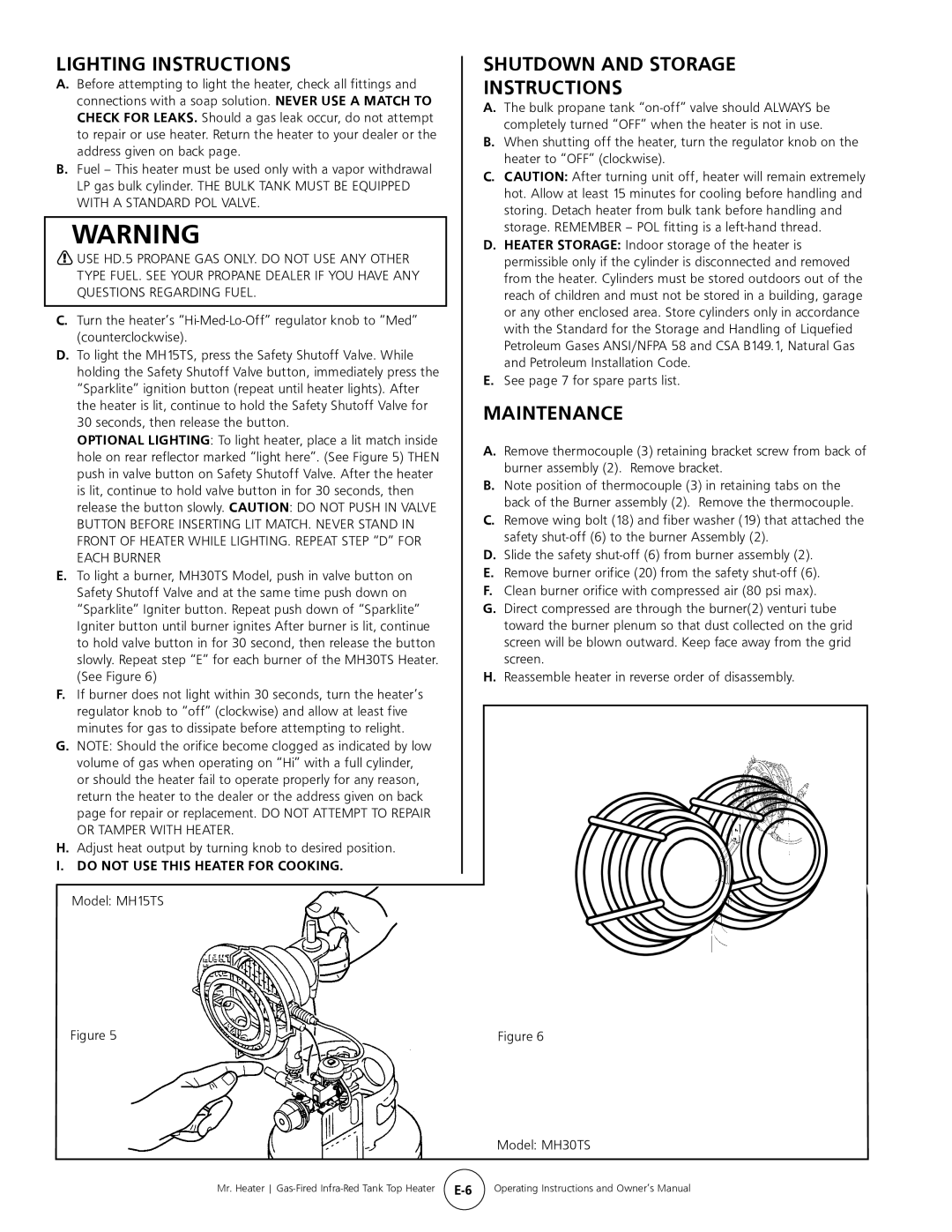 Mr. Heater MH15tS Lighting Instructions, Shutdown and Storage Instructions, Model MH15TS, See page 7 for spare parts list 