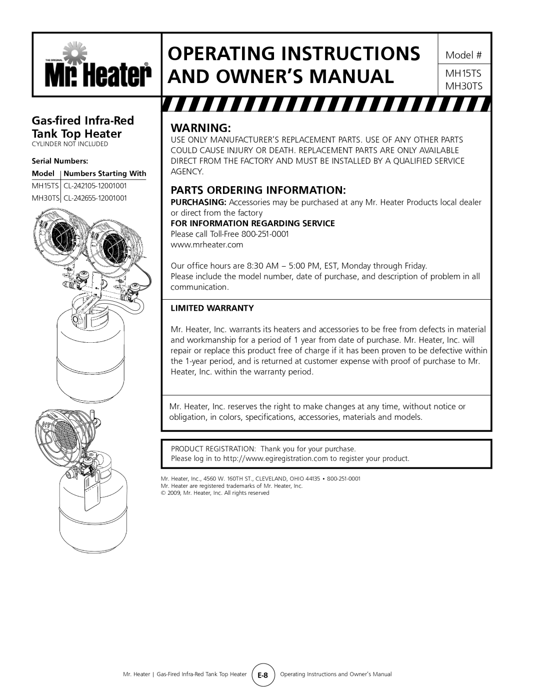 Mr. Heater MH15tS operating instructions Parts Ordering Information, For Information Regarding Service, Limited Warranty 