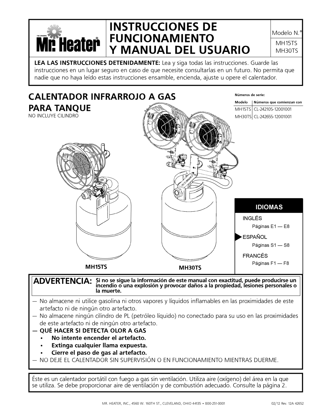 Mr. Heater MH15tS operating instructions Páginas E1 E8, Páginas S1 S8, Páginas F1 F8 