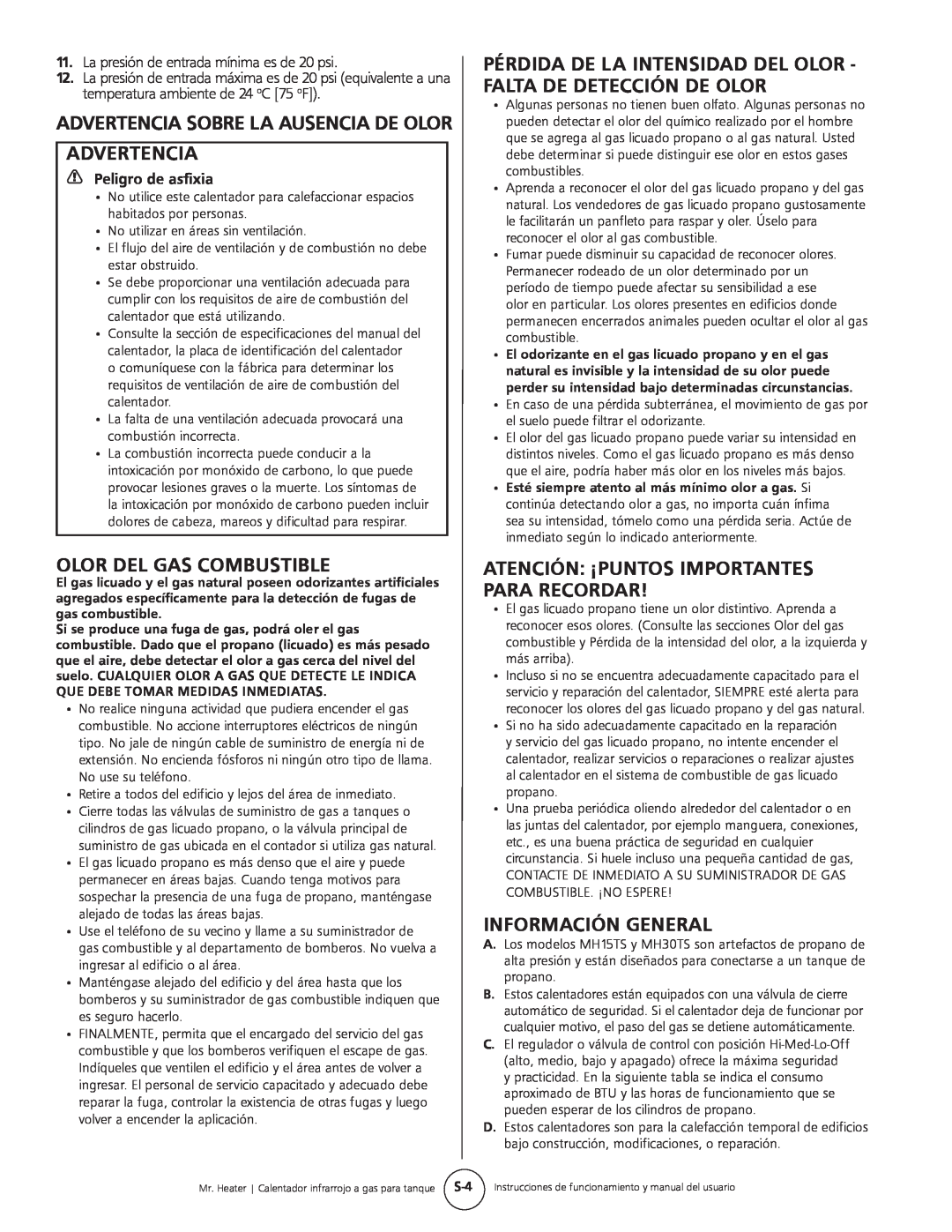 Mr. Heater MH15tS Advertencia Sobre La Ausencia De Olor Advertencia, Olor Del Gas Combustible, Información General 