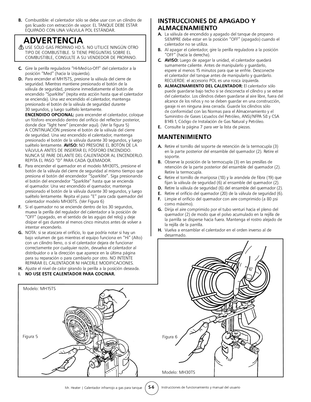 Mr. Heater MH15tS operating instructions Advertencia, Instrucciones De Apagado Y Almacenamiento, Mantenimiento 