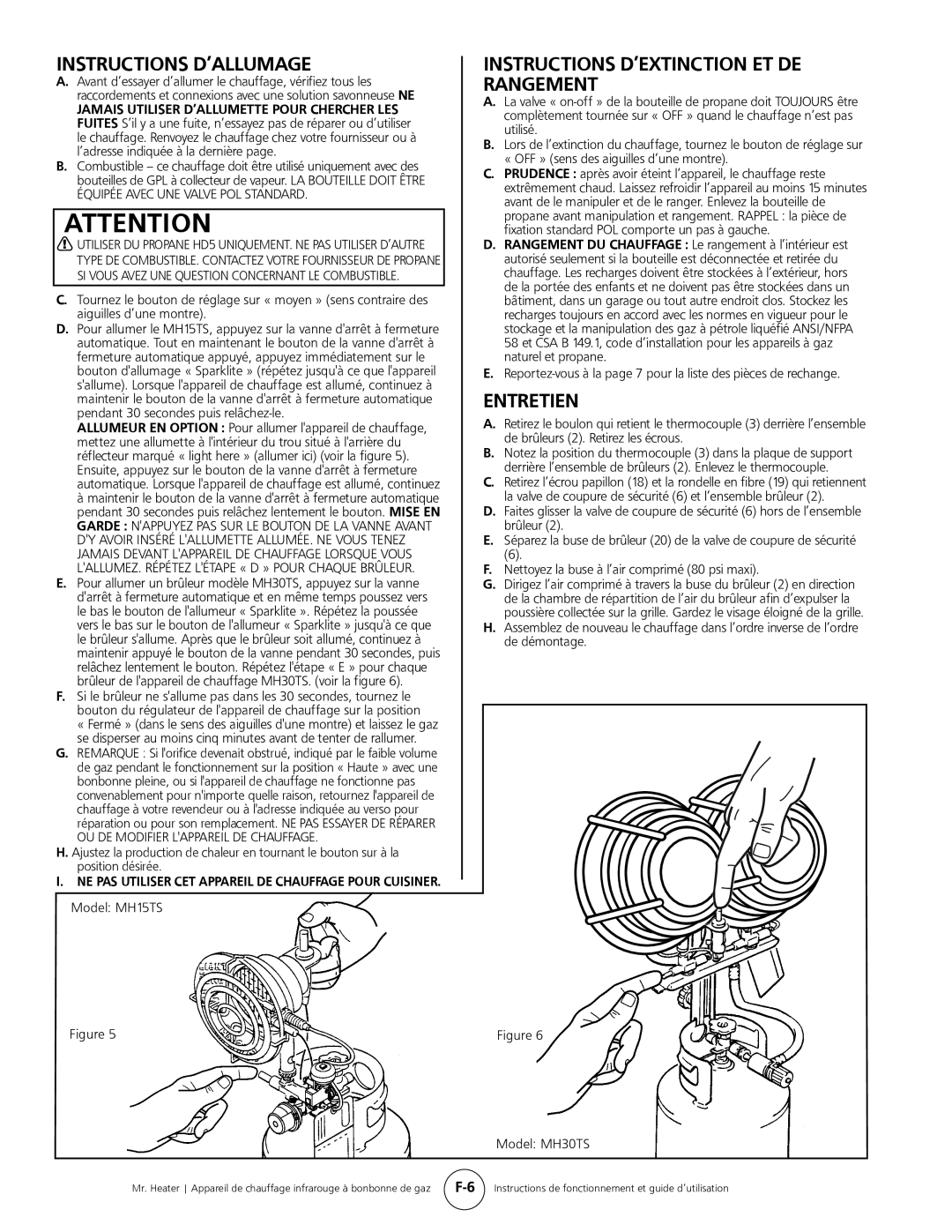 Mr. Heater MH15tS operating instructions Instructions D’Allumage, Instructions D’Extinction Et De Rangement, Entretien 